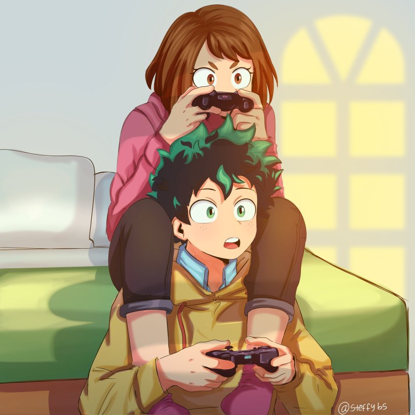 1boy, 1girl, bad_id, bad_twitter_id, bed, bedroom, boku_no_hero_academia, brown_eyes, brown_hair, coat, controller, couple, freckles, game_controller, green_eyes, green_hair, hetero, highres, lap_pillow, legs_on_another's_shoulders, midoriya_izuku, playing_games, playing_video_games, socks, steffybs, sunlight, twitter_username, uraraka_ochako, video_game, window, window_shadow