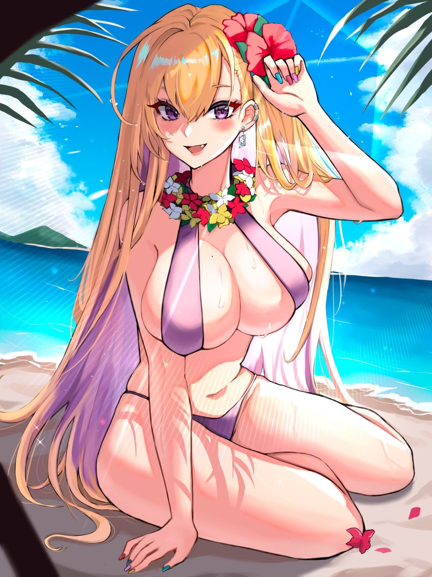 1girl, absurdres, bare_arms, bare_legs, bare_shoulders, beach, bikini, blonde_hair
