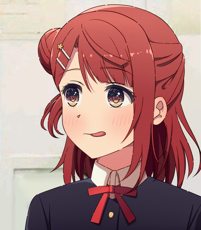 absurdres, blunt_bangs, hair_bun, hair_ornament, hairpin, half_updo, highres, licking