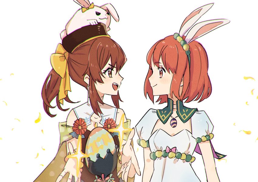 2girls, animal_ears, bow, brown_eyes, brown_hair, delthea_(fire_emblem), delthea_(spring)_(fire_emblem), dress