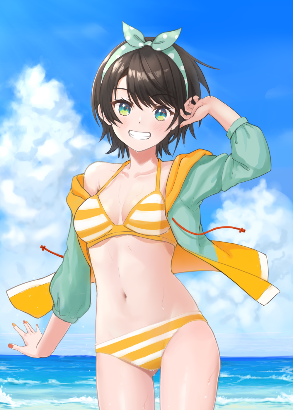 1girl, bikini, black_hair, blue_eyes, blue_hairband, commentary_request, cowboy_shot, emyu_b