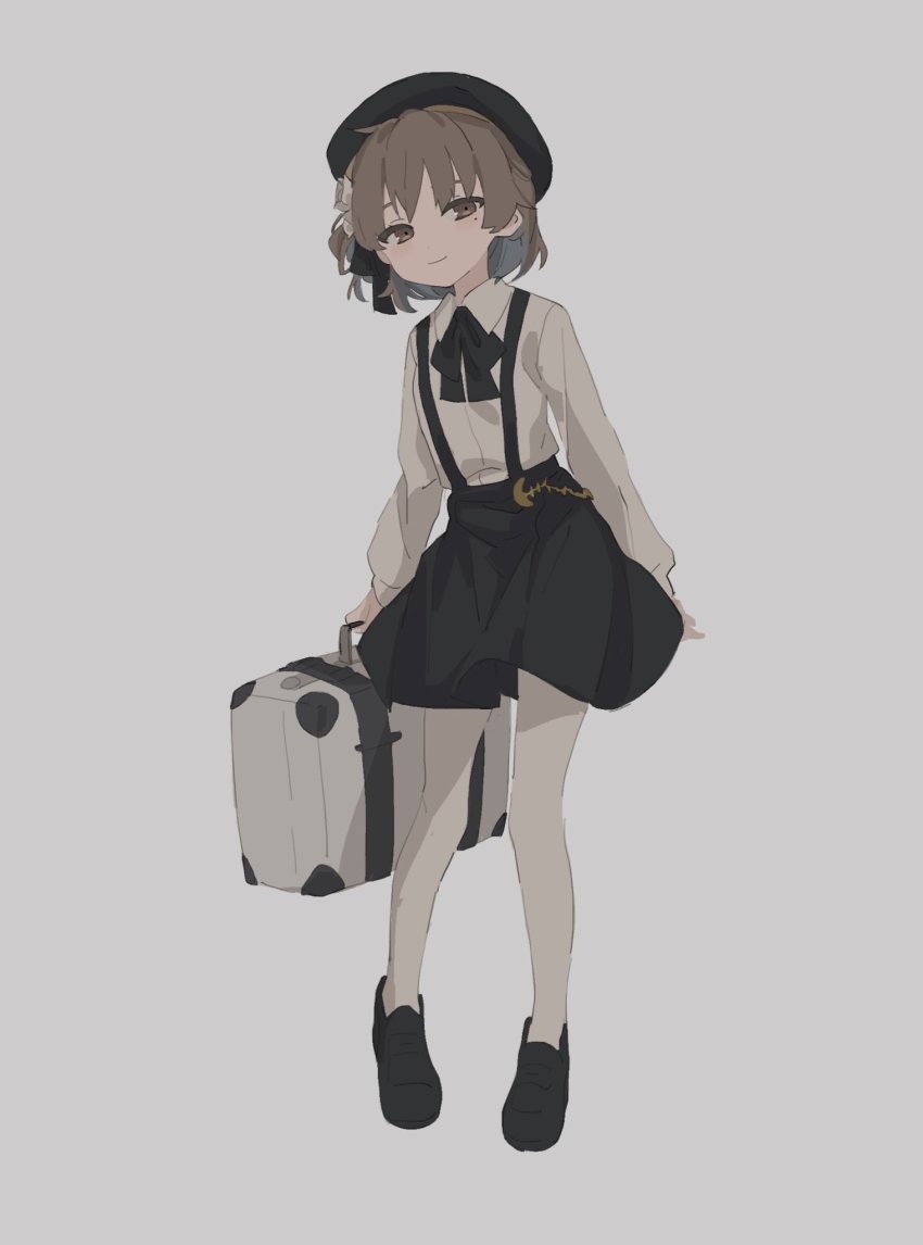 1girl, black_footwear, black_hat, black_skirt, brown_eyes, brown_hair, closed_mouth, flower