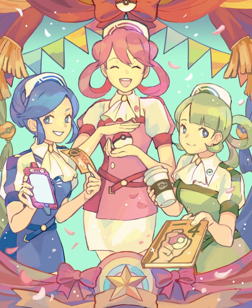 3girls, :d, ascot, blue_eyes, blue_hair, book, bright_pupils, closed_eyes