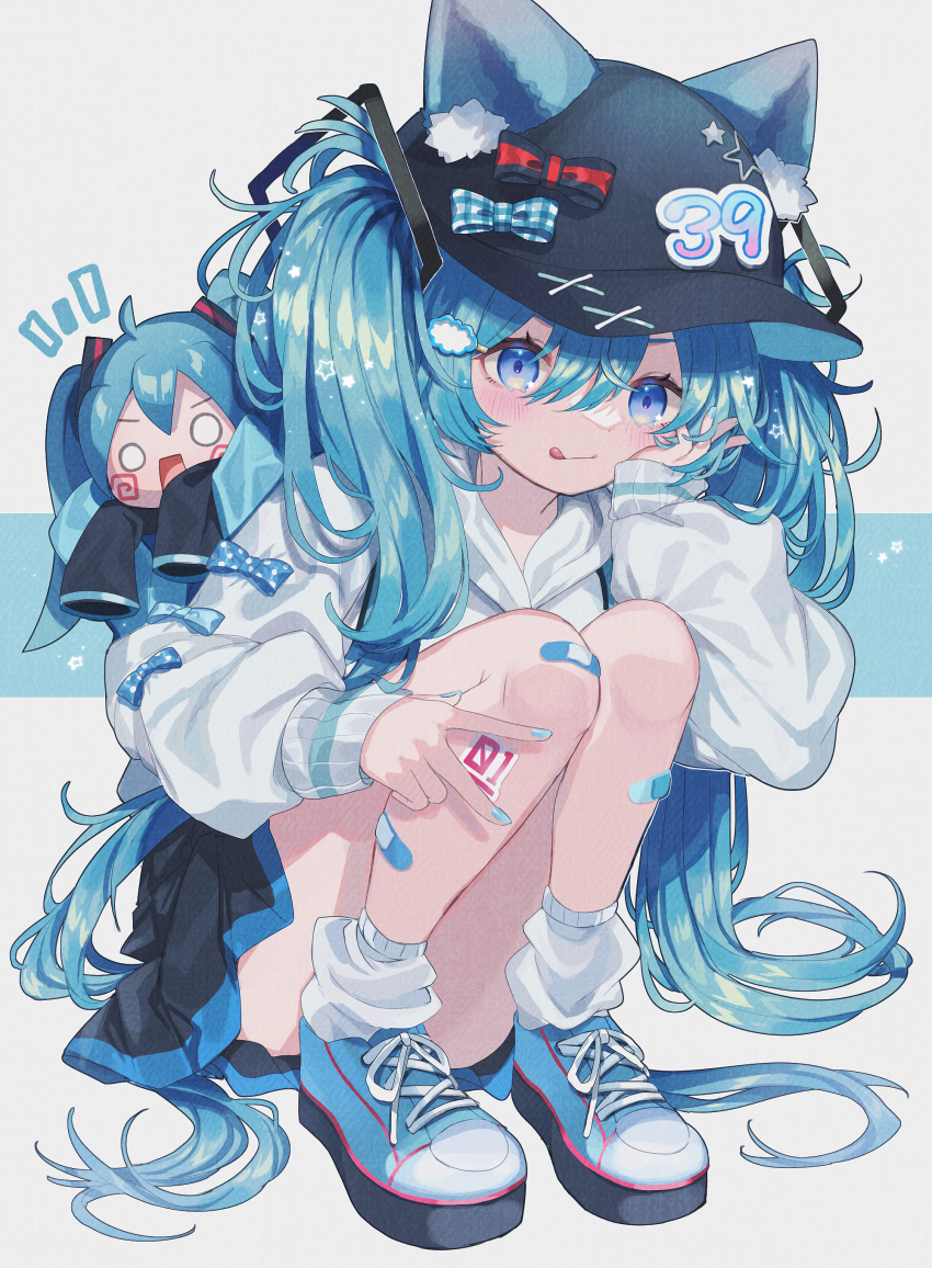 1girl, absurdres, animal_ear_fluff, animal_hat, aqua_eyes, aqua_hair, bow, bowtie