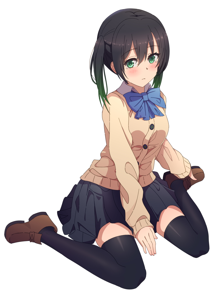 absurdres, black_hair, black_thighhighs, blue_bow, bow, gradient_hair, green_eyes, green_hair