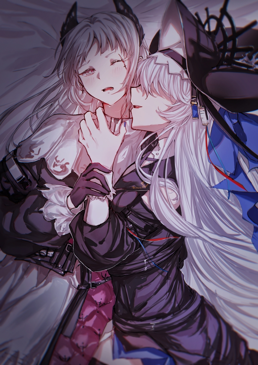 2girls, absurdres, ammunition_belt, arknights, bed_sheet, black_dress, black_gloves, black_headwear