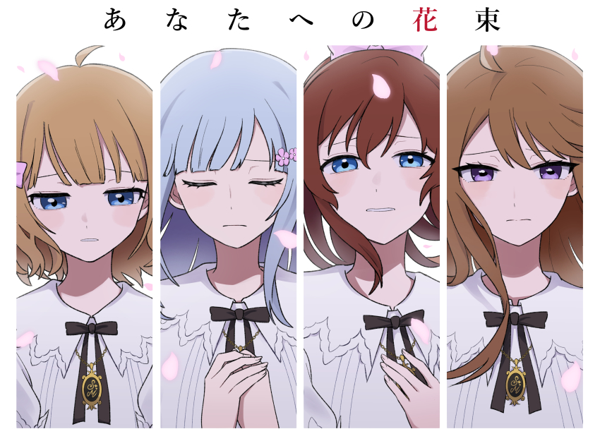 4girls, black_ribbon, blue_eyes, blue_hair, border, brown_hair, cherry_blossoms, closed_eyes