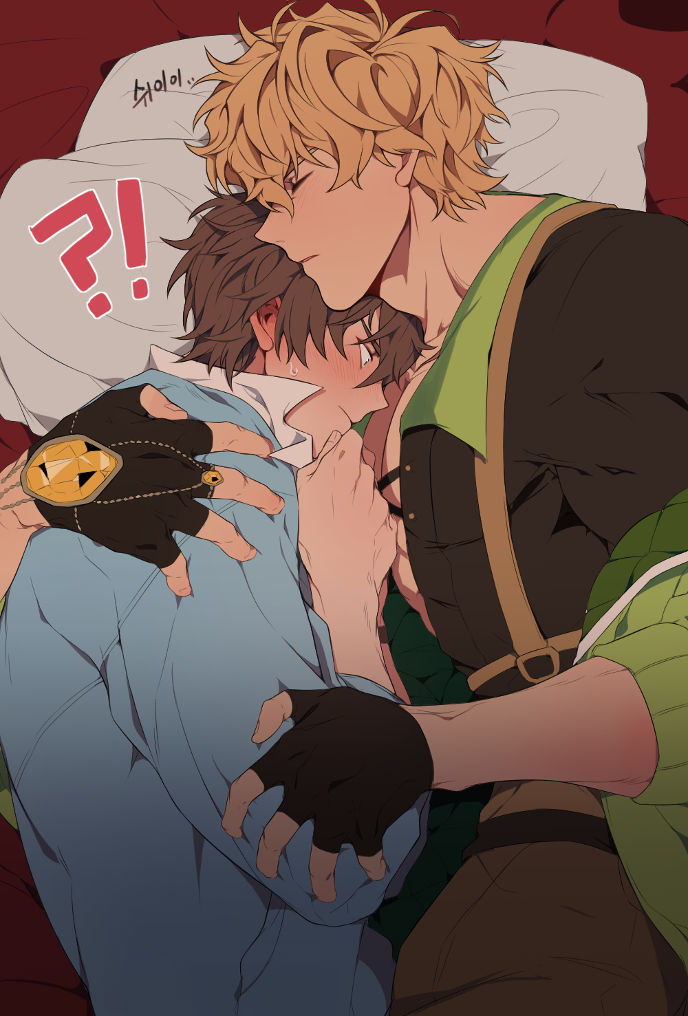 2boys, black_gloves, blonde_hair, blue_jacket, blush, eiden_(nu_carnival), fingerless_gloves, gem, gloves, green_jacket, highres, hug, jacket, jaksam05, large_pectorals, long_sleeves, looking_at_another, lying, male_focus, multiple_boys, nu_carnival, off_shoulder, on_side, open_clothes, open_jacket, pectorals, pillow, quincy_(nu_carnival), short_hair, sleeping, sweatdrop, yaoi