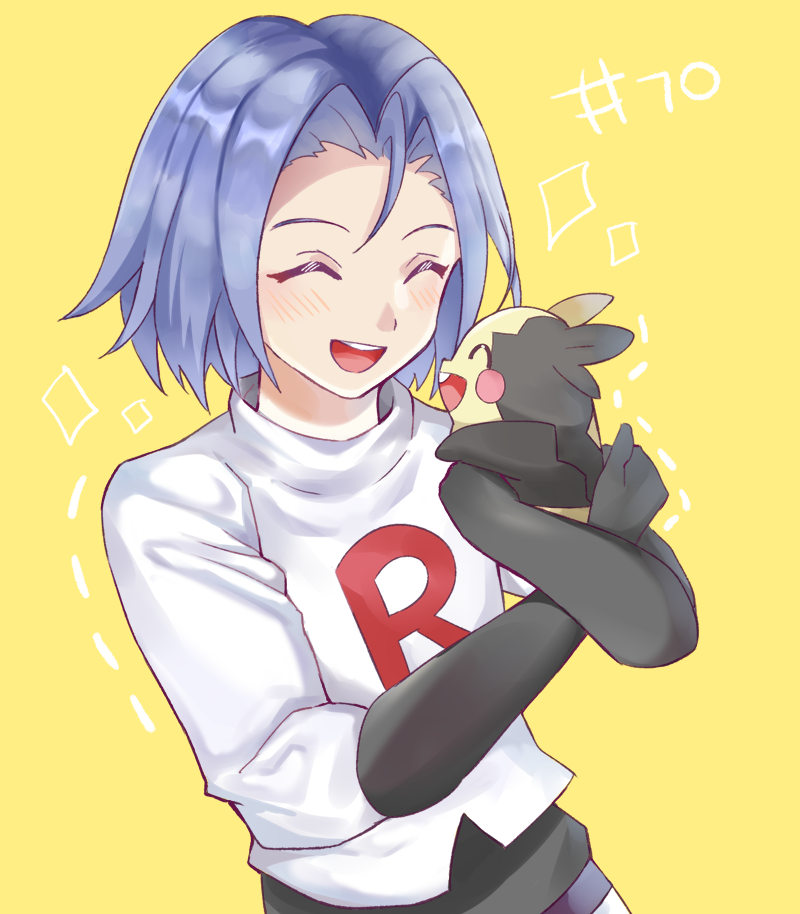 1boy, :d, blue_hair, blush, closed_eyes, commentary_request, gen_8_pokemon, gloves
