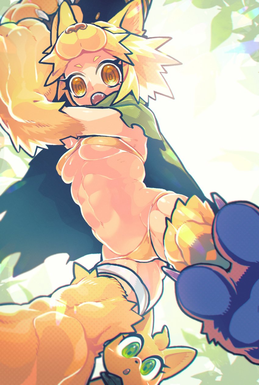 1girl, abs, absurdres, animal_feet, animal_hands, blonde_hair, breasts, commentary_request, commission, fox, fox_girl, fox_hat, full_body, halterneck, highres, looking_at_viewer, medium_breasts, men_cho, moonlight_flower, navel, open_mouth, panties, ragnarok_online, ringed_eyes, second-party_source, short_hair, skeb_commission, solo, thigh_strap, torn_clothes, underboob, underwear, yellow_eyes, yellow_panties