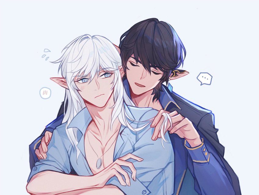 ..., 2boys, alternate_costume, aymeric_de_borel, black_hair, blue_background, blue_eyes, blush, chinese_commentary, closed_mouth, collarbone, collared_shirt, earrings, elezen, elf, estinien_varlineau, closed_eyes, final_fantasy, final_fantasy_xiv, flying_sweatdrops, hair_between_eyes, hand_on_another's_shoulder, head_tilt, jewelry, kujokaze, long_hair, looking_at_another, male_focus, multiple_boys, necklace, open_clothes, open_shirt, playing_with_another's_hair, pointy_ears, shirt, short_hair, short_sleeves, spoken_blush, spoken_ellipsis, upper_body, white_hair, yaoi