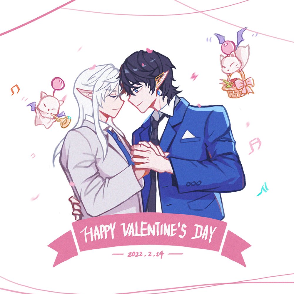 2boys, alternate_costume, aymeric_de_borel, basket, beamed_eighth_notes, beamed_sixteenth_notes, black_hair, black_necktie, blue_eyes, blue_necktie, breast_pocket, chinese_commentary, closed_eyes, closed_mouth, collared_shirt, dated, earrings, elezen, elf, english_text, estinien_varlineau, film_grain, final_fantasy, final_fantasy_xiv, formal_clothes, from_side, hand_on_another's_back, holding_hands, instrument, jewelry, kujokaze, long_sleeves, looking_at_another, male_focus, moogle, multiple_boys, musical_note, necktie, pocket, pointy_ears, shirt, sixteenth_note, smile, square_enix, suit, trumpet, upper_body, valentine, white_hair, white_shirt, yaoi