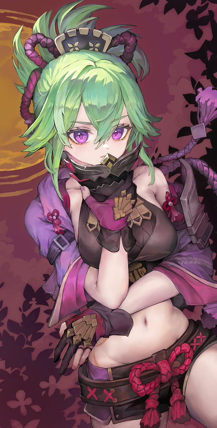 1girl, bare_shoulders, breasts, closed_mouth, collarbone, fingerless_gloves, fingernails, genshin_impact