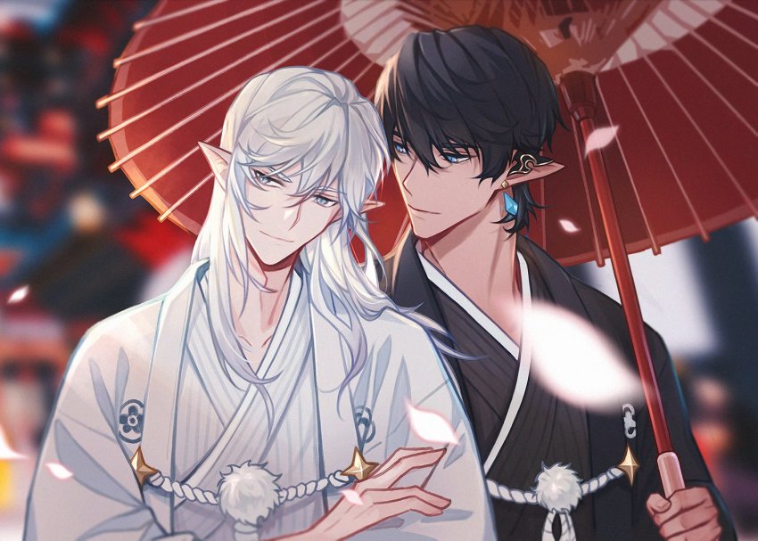 2boys, alternate_costume, aymeric_de_borel, black_hair, black_theme, blue_eyes, blurry, blurry_background, closed_mouth, collarbone, couple, crossed_arms, earrings, elezen, elf, estinien_varlineau, film_grain, final_fantasy, final_fantasy_xiv, hair_between_eyes, haori, head_tilt, holding, holding_umbrella, japanese_clothes, jewelry, kimono, kujokaze, long_hair, male_focus, montsuki, multiple_boys, oil-paper_umbrella, outdoors, petals, pointy_ears, shared_umbrella, short_hair, sideways_glance, smile, umbrella, upper_body, white_hair, white_theme, yaoi