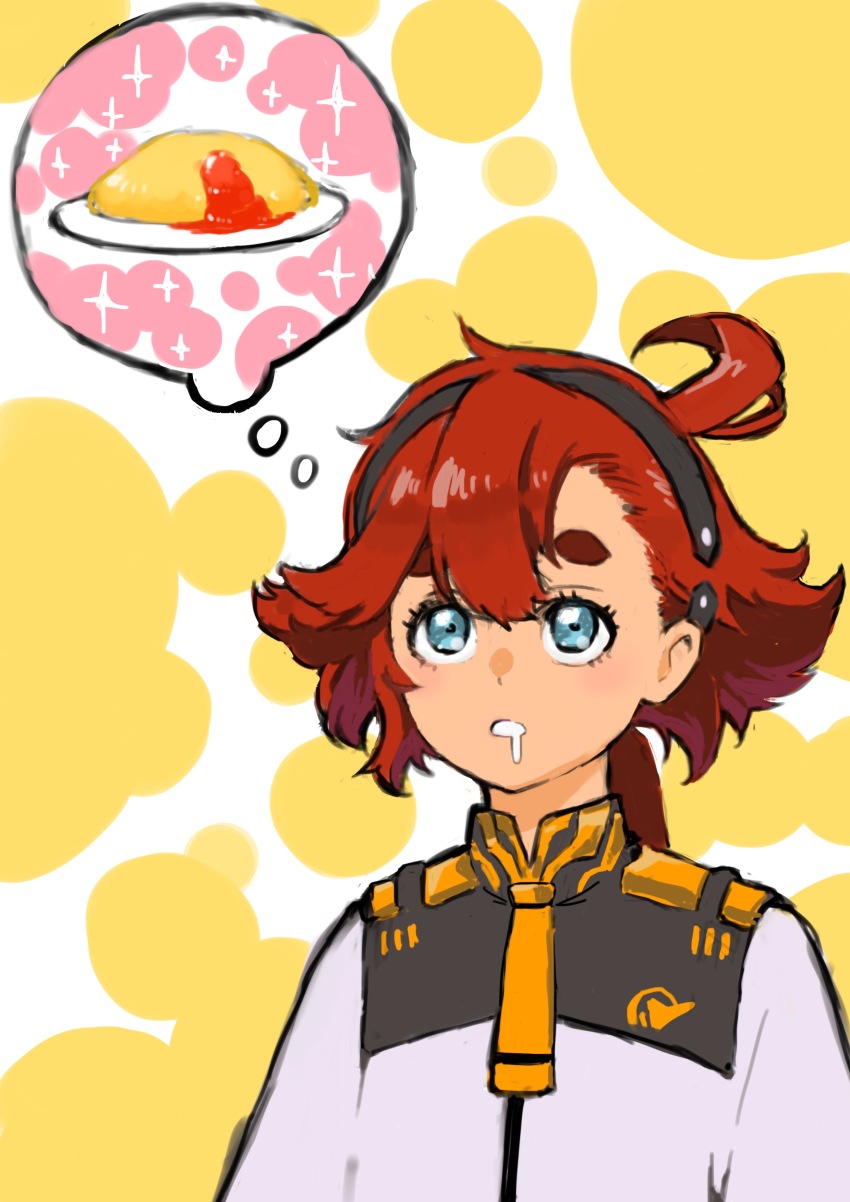 1girl, absurdres, ahoge, blue_eyes, commentary, drooling, flat_chest, food