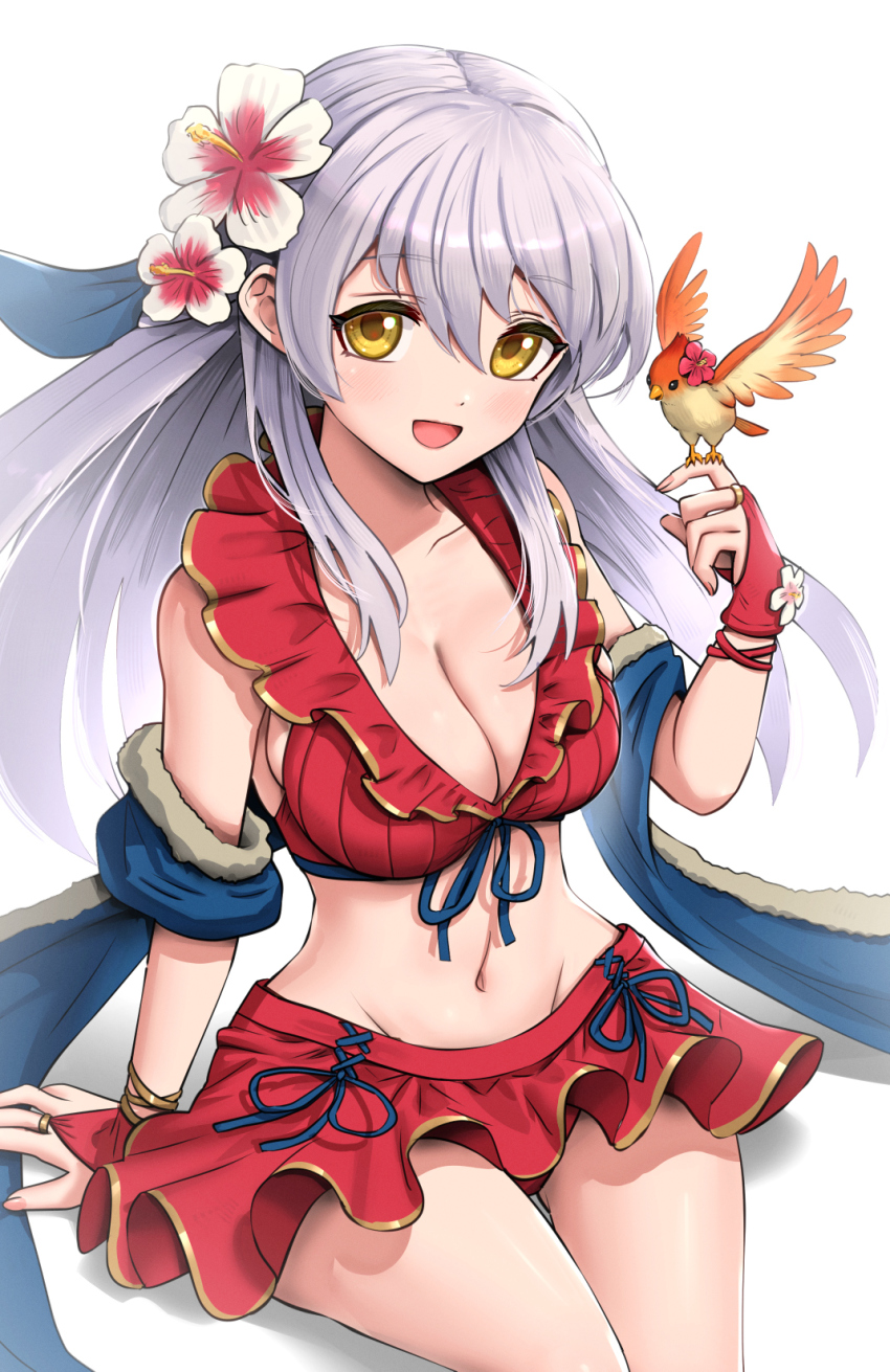 1girl, :d, bare_shoulders, bikini, bikini_skirt, bird, bird_on_hand, blue_scarf