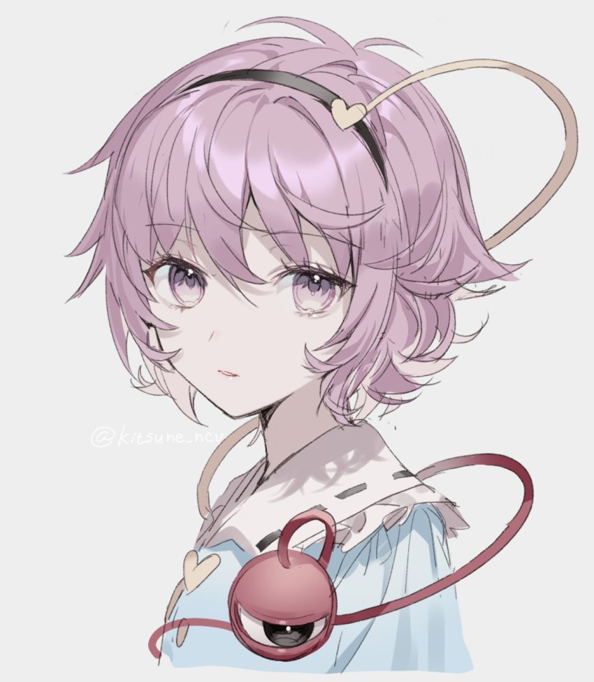 1girl, black_eyes, black_hairband, blouse, blue_shirt, buttons, commentary, expressionless