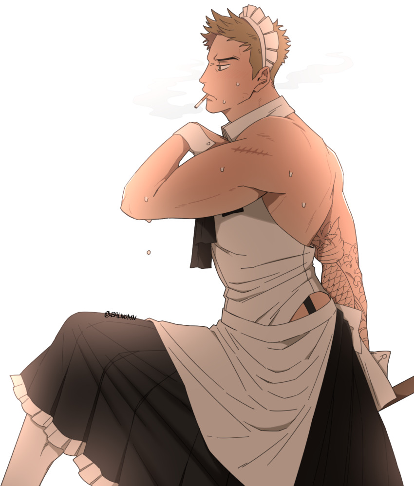 1boy, alternate_costume, apron, arm_tattoo, backlighting, balnom, bara, cigarette