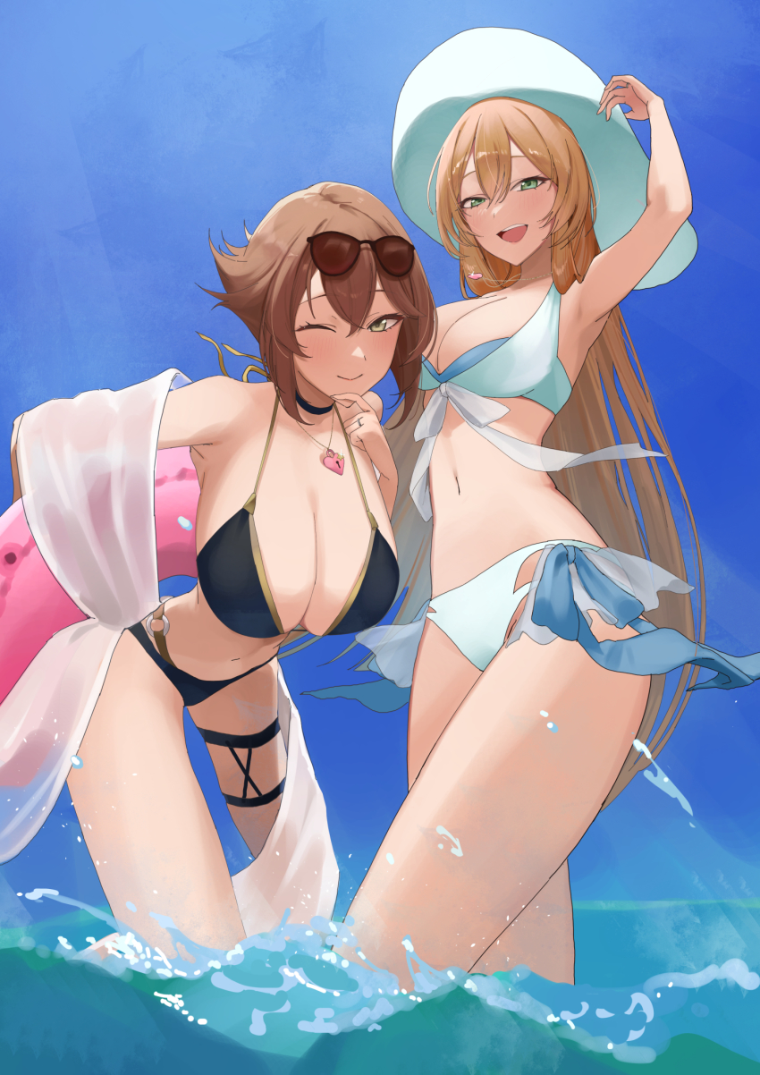2girls, bikini, black_bikini, blush, breasts, brown_hair, choker, cleavage