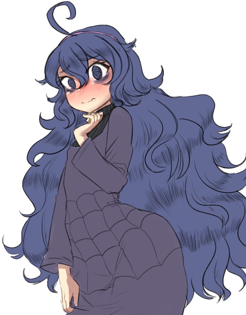 1girl, @_@, ahoge, bags_under_eyes, blue_eyes, blue_hair, blush, closed_mouth