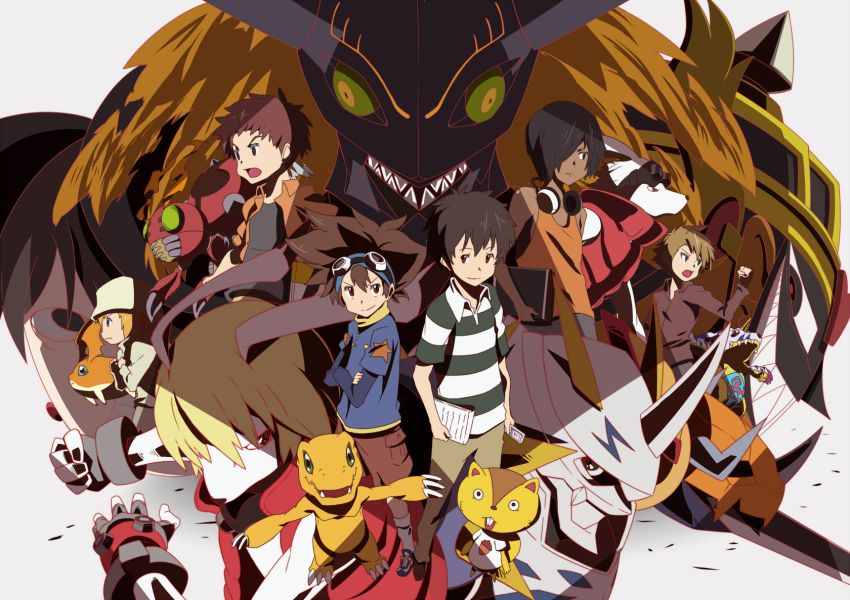 00s, 6+boys, agumon, animal_ears, armor, bad_id, bad_pixiv_id, black_hair, blonde_hair, blue_eyes, brown_hair, bug, claws, colored_sclera, creature, crossover, dark-skinned_male, dark_skin, diablomon, digimon, digimon_(creature), digimon_adventure, digimon_adventure:_bokura_no_war_game, fingerless_gloves, fur, gabumon, gloves, goggles, green_eyes, green_sclera, hajime_(hajime-ill-1st), head_wings, highres, horns, ikezawa_kazuma, ishida_yamato, izumi_koshiro, kari-kenji, king_kazma, koiso_kenji, long_sleeves, love_machine, male_focus, monster, multiple_boys, omegamon, open_mouth, patamon, rabbit_ears, red_hair, sharp_teeth, short_hair, short_sleeves, shota, single_horn, summer_wars, sword, takaishi_takeru, teeth, tentomon, weapon, wings, yagami_taichi, yellow_eyes