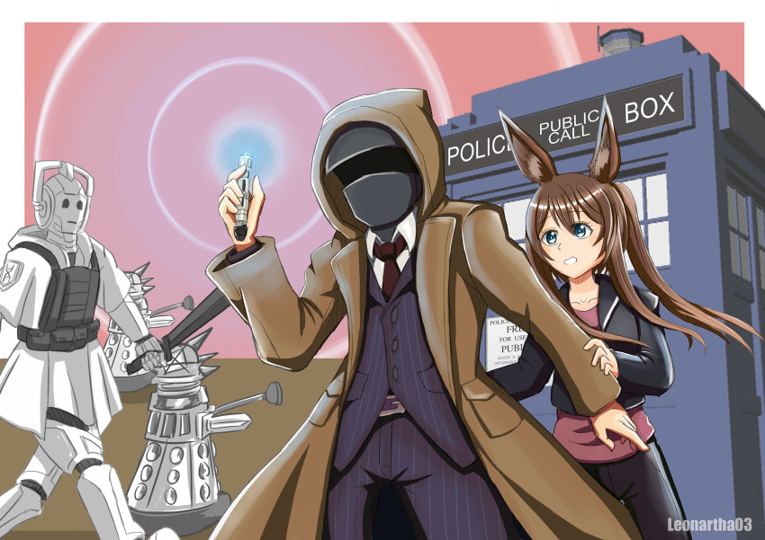 1girl, 1other, absurdres, amiya_(arknights), arknights, blue_eyes, brown_hair, cosplay