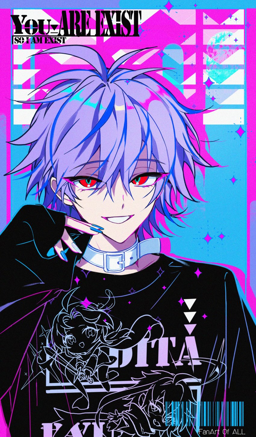 1boy, absurdres, barcode, belt, belt_collar, blue_hair, blue_nails, character_print