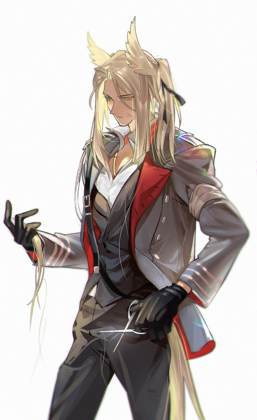 1boy, arknights, bishounen, black_gloves, black_suit, black_vest, blonde_hair, cowboy_shot