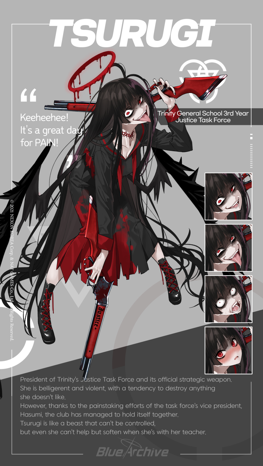 1girl, absurdly_long_hair, absurdres, ahoge, angel, black_hair, black_wings, blood