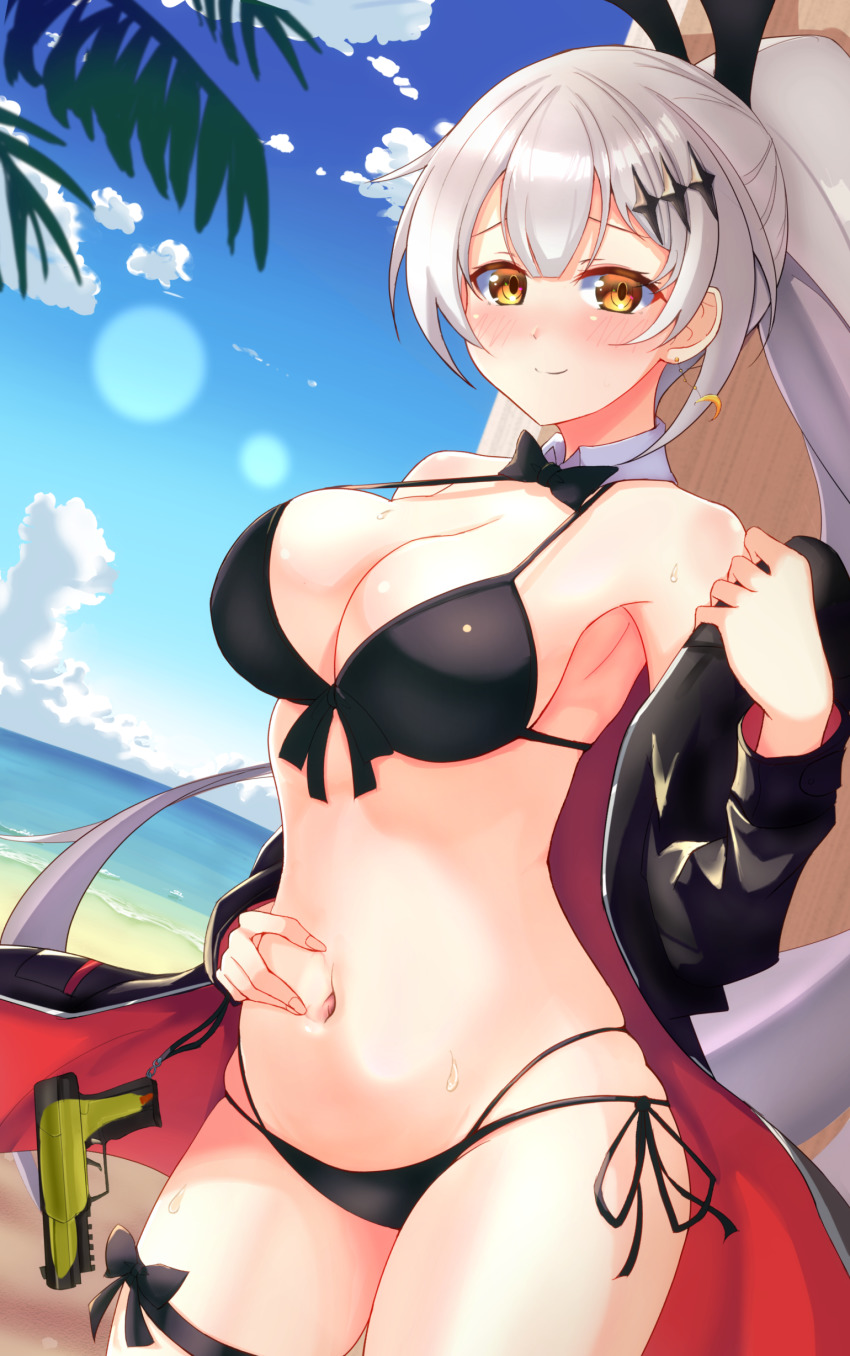 1girl, absurdres, beach, bikini, black_bikini, blue_sky, blush, brown_eyes