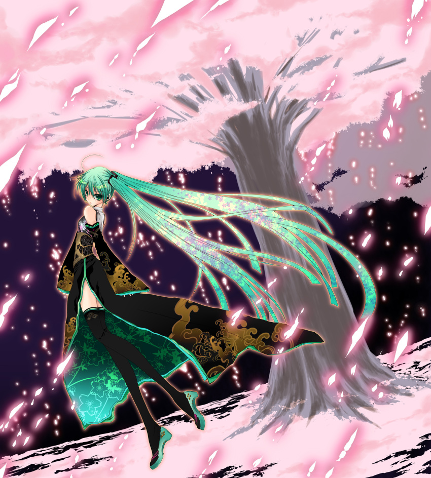 1girl, ahoge, aqua_eyes, aqua_hair, bad_id, bad_pixiv_id, cherry_blossoms, detached_sleeves, female_focus, gradient_background, hatsune_miku, highres, japanese_clothes, kimono, legs, long_hair, nature, outdoors, petals, solo, thighhighs, twintails, usa_(cubic), very_long_hair, vocaloid, zettai_ryouiki