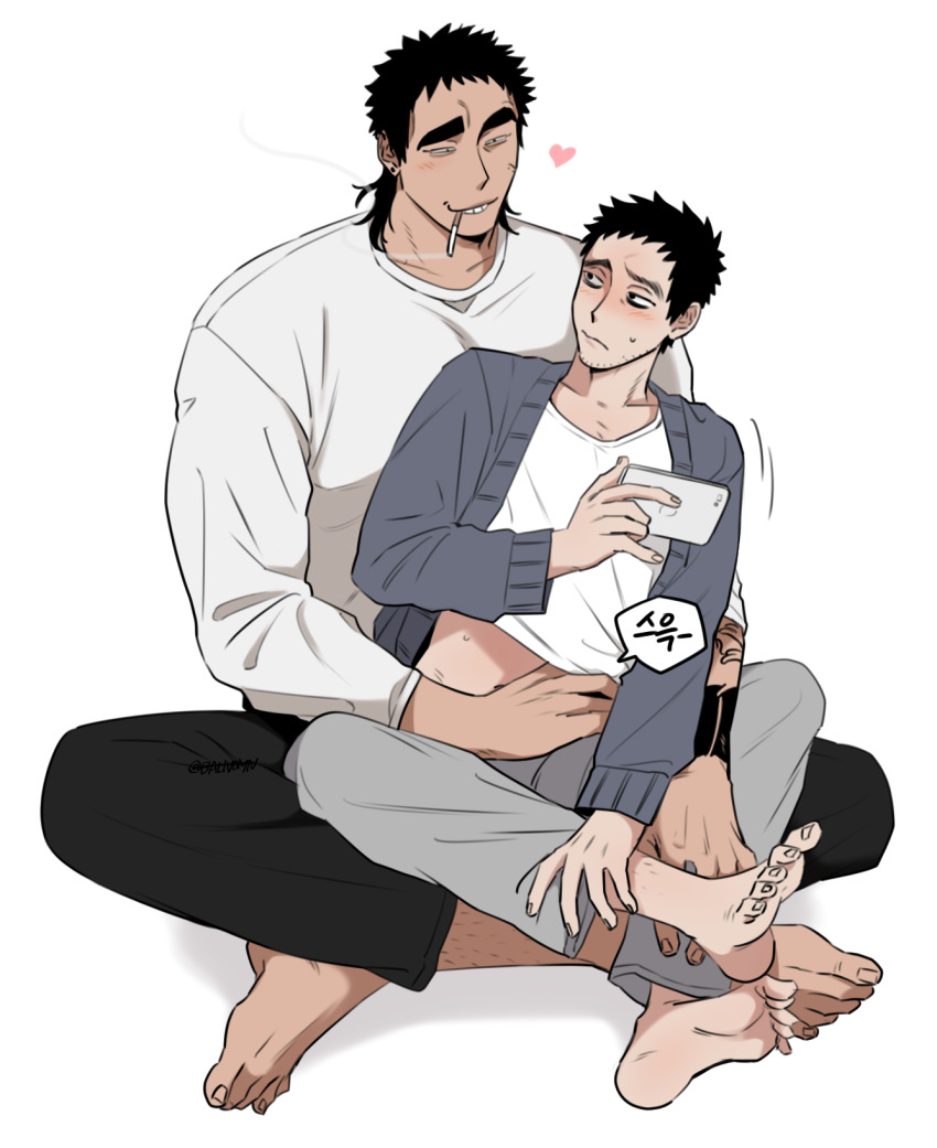 2boys, balnom, bara, barefoot, black_pants, blush, casual, cigarette, clothes_lift, couple, eye_contact, facial_hair, full_body, heart, highres, holding, holding_phone, leg_hair, lifting_another's_clothes, looking_at_another, male_focus, medium_hair, multiple_boys, muscular, muscular_male, original, pants, pectorals, phone, shirt_lift, short_hair, sitting, sitting_on_lap, sitting_on_person, smile, smoking, stubble, sweatdrop, thick_eyebrows, white_background, yaoi