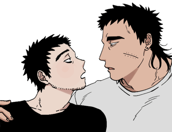 2boys, animated, animated_gif, balnom, bara, blush, couple, facial_hair, kiss, licking, licking_another's_face, licking_another's_lips, male_focus, mature_male, medium_hair, multiple_boys, muscular, muscular_male, original, pectorals, shirt, short_hair, sideburns, stitches, stubble, thick_eyebrows, tongue, tongue_out, upper_body, white_background, yaoi