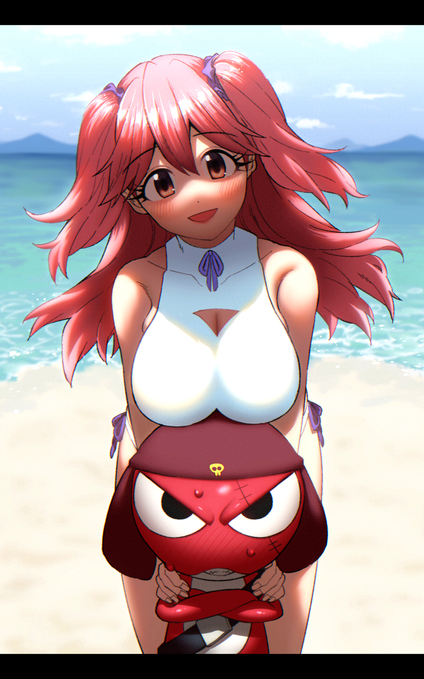 1girl, absurdres, beach, belt, bikini, blush, breasts, cleavage