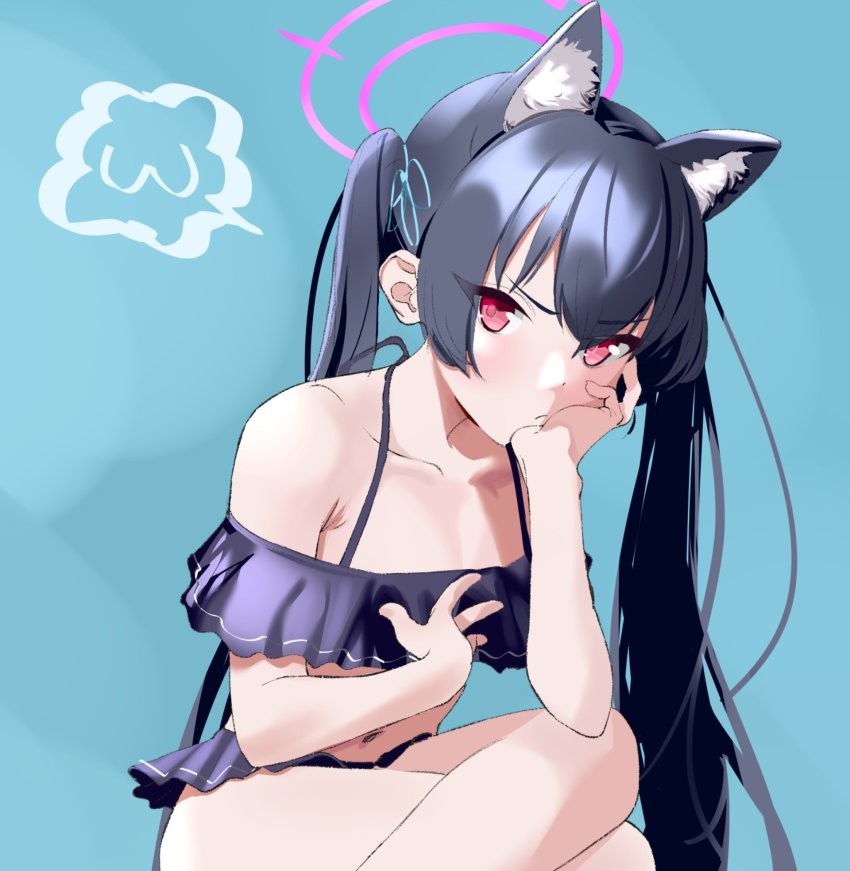 1girl, animal_ear_fluff, animal_ears, bare_shoulders, bikini, black_bikini, black_hair, blue_archive, blue_background, cat_ears, closed_mouth, collarbone, crossed_legs, dot_nose, extra_ears, feet_out_of_frame, flat_chest, frilled_bikini, frills, frown, halo, hand_on_own_chest, hand_on_own_chin, head_rest, highres, likeayamada, long_hair, looking_at_viewer, navel, off-shoulder_bikini, off_shoulder, red_eyes, serika_(blue_archive), serika_(swimsuit)_(blue_archive), sitting, solo, swimsuit, twintails