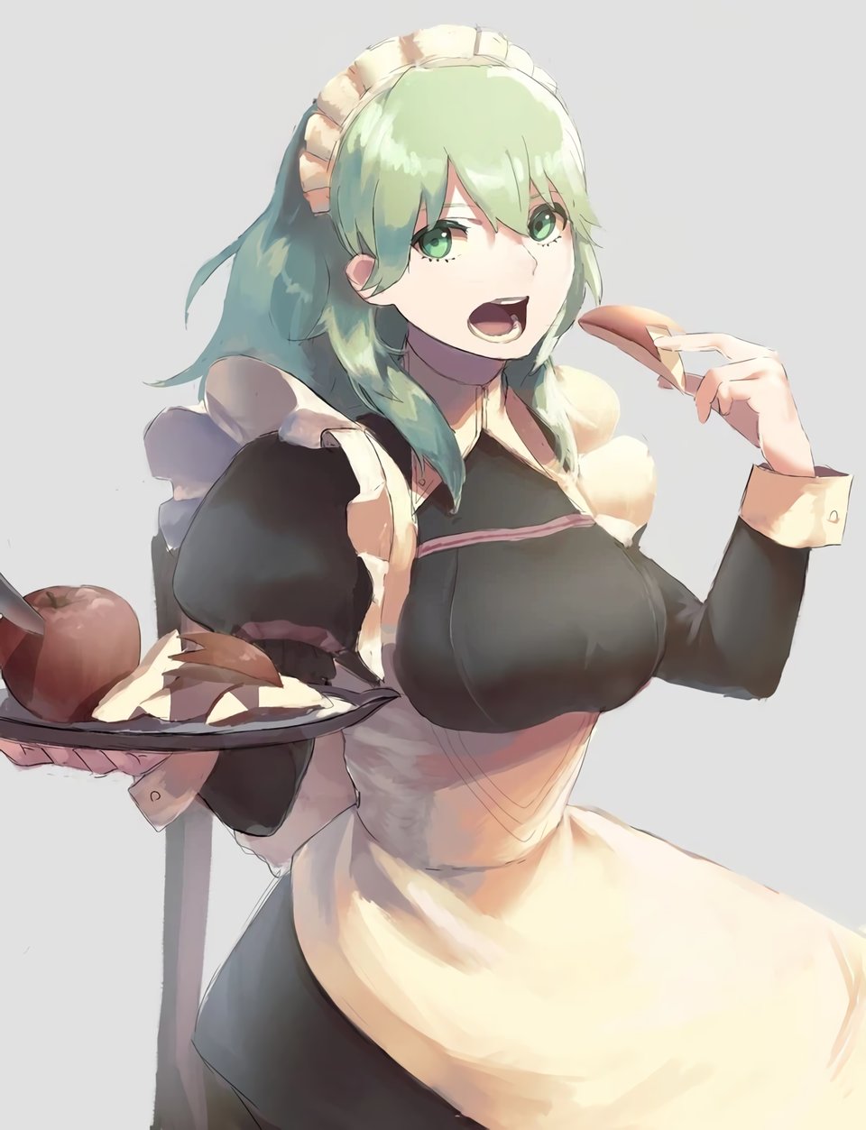 1girl, alternate_costume, apple, apron, black_dress, breasts, female_byleth_(awakened)_(fire_emblem), female_byleth_(fire_emblem)