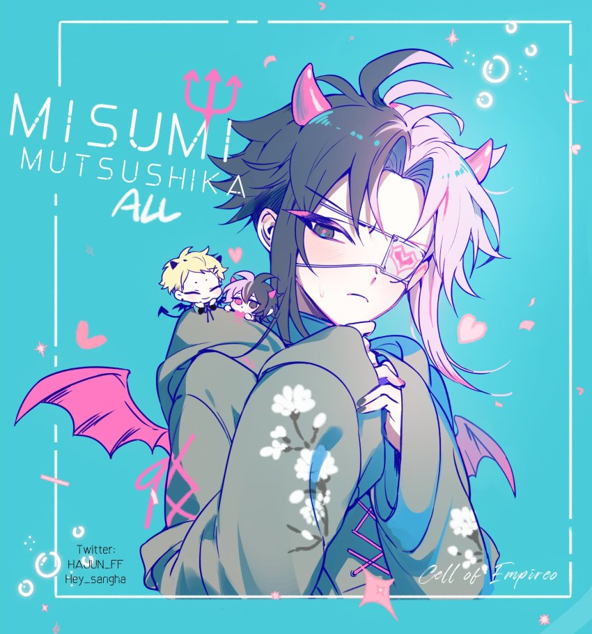 3boys, absurdres, antenna_hair, black_eyes, black_hair, blonde_hair, blush, character_name, chibi, closed_mouth, colored_eyelashes, commentary_request, demon_horns, demon_wings, eyepatch, frown, green_hoodie, grey_nails, hair_intakes, hair_ornament, hajun_(hey_sangha), haruno_shion, heart, heterochromia, highres, hood, hood_down, hoodie, horns, korean_commentary, long_sleeves, male_focus, multicolored_hair, multicolored_nails, multiple_boys, mutsushika_misumi, nail_polish, nanami_izu, pink_eyes, pink_hair, pink_heart, pink_horns, pink_nails, pink_pupils, pink_wings, saibou_shinkyoku, short_hair, split-color_hair, sweat, two-tone_hair, wings, x_hair_ornament