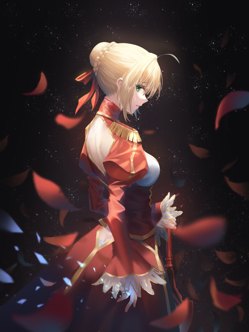1girl, absurdres, ahoge, backless_outfit, blonde_hair, braid, braided_bun, butt_crack, dimples_of_venus, fate/extra, fate_(series), from_side, green_eyes, hair_bun, hair_intakes, hair_ribbon, hand_on_hilt, highres, long_sleeves, nero_claudius_(fate), nero_claudius_(fate/extra), parted_lips, petals, profile, red_ribbon, ribbon, senkou_(dwrp3257), shoulder_blades, shrug_(clothing), solo, standing, sword, weapon
