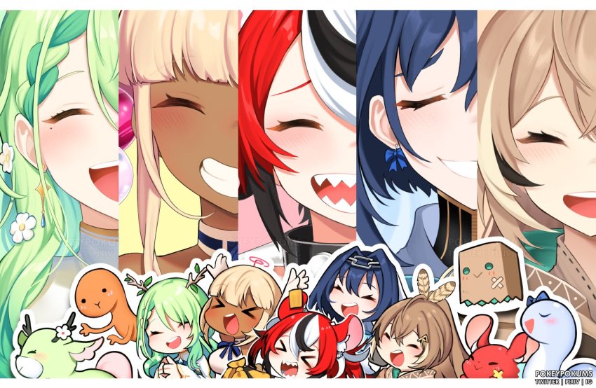 >_<, 5girls, 5others, :d, ^_^, ahoge, animal_ears, antlers