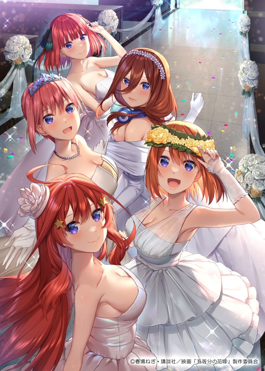 5girls, armpits, bare_shoulders, blue_eyes, blush, breasts, bridal_gauntlets, bridal_veil, bride, brown_hair, church, cleavage, closed_mouth, collarbone, colorized, derivative_work, dress, flower, gloves, go-toubun_no_hanayome, hair_flower, hair_ornament, hairband, headphones, headphones_around_neck, highres, jewelry, large_breasts, lens_flare, looking_at_viewer, multiple_girls, nakano_ichika, nakano_itsuki, nakano_miku, nakano_nino, nakano_yotsuba, necklace, niwatori_(satoru0201), nurimas, open_mouth, orange_hair, petals, pink_hair, red_hair, siblings, sideboob, sisters, smile, sparkle, star_(symbol), star_hair_ornament, tiara, veil, wedding, wedding_dress, white_dress, white_flower
