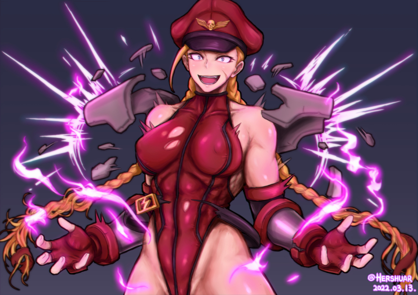 1girl, armor, aura, belt, biceps, braid, breasts, broken_armor, cammy_white, capcom, commentary, corruption, cosplay, covered_abs, covered_erect_nipples, covered_navel, crazy_eyes, curvy, dark_persona, dated, elbow_gloves, english_commentary, facial_scar, gloves, hat, hershuar, highleg, highleg_leotard, large_breasts, leotard, long_hair, m._bison, m_bison_(cosplay), muscular, muscular_female, official_alternate_costume, open_mouth, pauldrons, peaked_cap, possessed, possession, red_gloves, red_hat, red_leotard, ribs, scar, scar_on_cheek, scar_on_face, shoulder_armor, solo, street_fighter, street_fighter_iv_(series), thong_leotard, torn_belt, twin_braids, vambraces, very_long_hair, w_arms, wide_hips