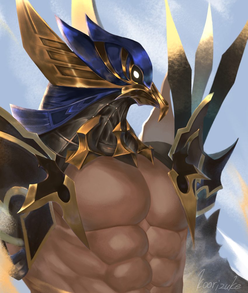 1boy, abs, absurdres, ancient_egyptian, armor, artist_name, bara, bennu_(granblue_fantasy)