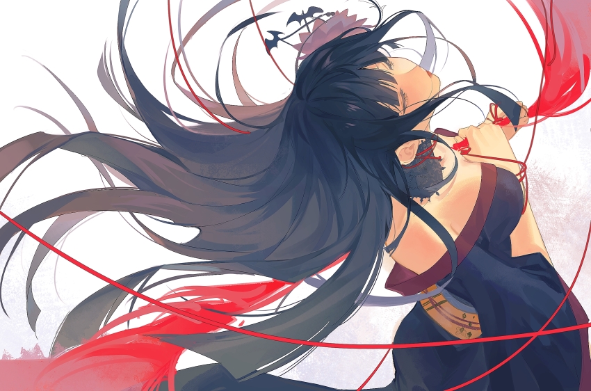 1girl, bare_shoulders, bat_hair_ornament, black_collar, black_hair, black_kimono, blunt_bangs, blunt_ends