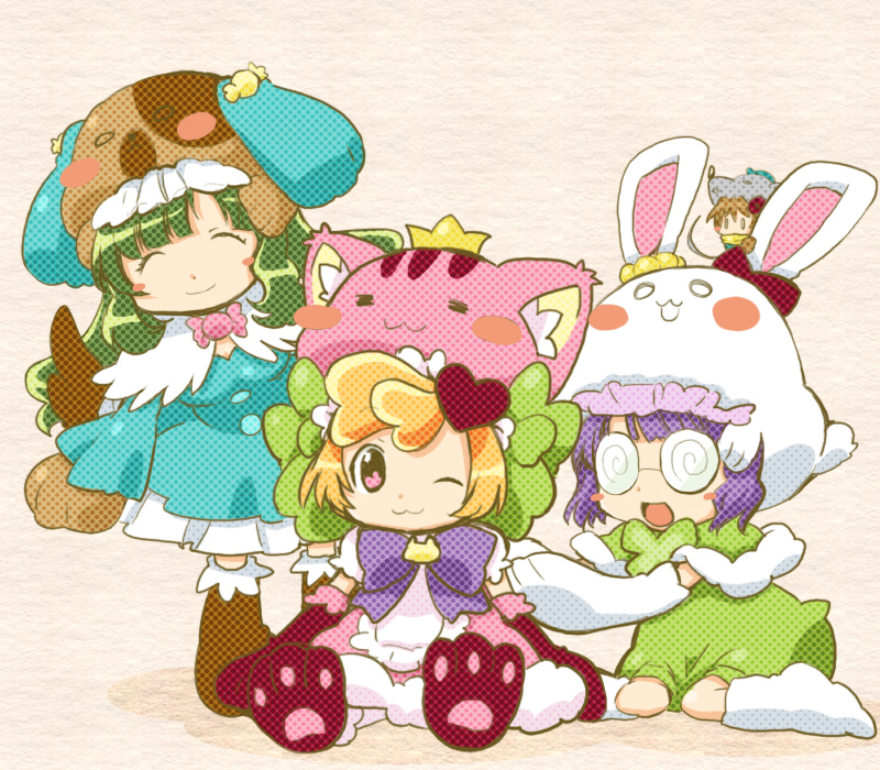3girls, :3, @_@, animal_ears, animal_hands, animal_hat, anyamal_tantei_kirumin_zoo, blue_hair