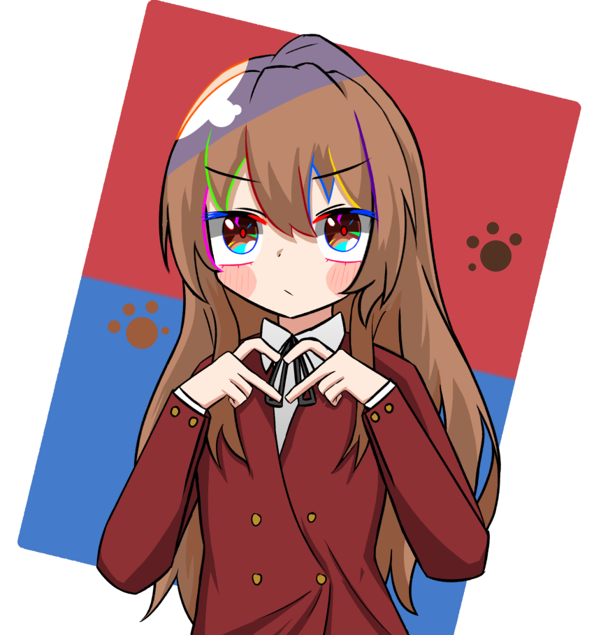 1girl, absurdres, aisaka_taiga, black_ribbon, blazer, blue_background, blush, blush_stickers, bright_pupils, brown_eyes, brown_hair, buttoned_cuffs, buttons, commentary, double-breasted, dress_shirt, expressionless, hair_between_eyes, heart, heart_hands, highres, jacket, long_hair, long_sleeves, looking_at_viewer, neck_ribbon, oohashi_high_school_uniform, parody, paw_print, red_background, red_jacket, red_pupils, ribbon, romaji_commentary, sari_(zakura27502762), school_uniform, shirt, solo, style_parody, terada_tera_(style), toradora!, upper_body, upturned_eyes, v-shaped_eyebrows, very_long_hair, white_background, white_shirt