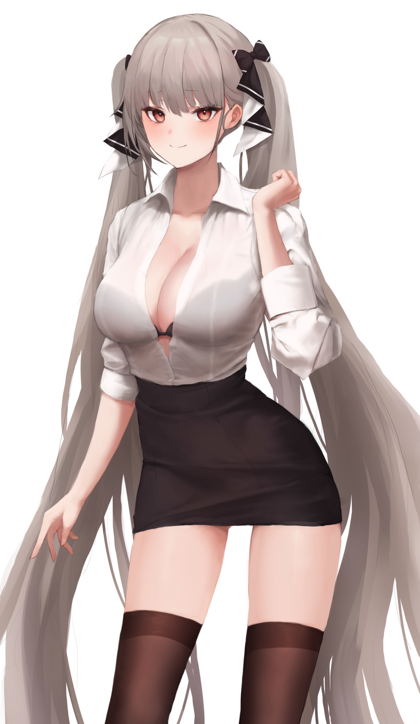 1girl, absurdres, alternate_costume, azur_lane, black_ribbon, black_skirt, bra_visible_through_clothes, breasts