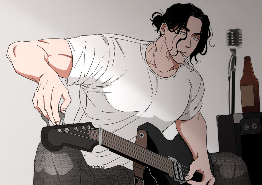 1boy, balnom, bara, black_hair, casual, cigarette, electric_guitar, expressionless