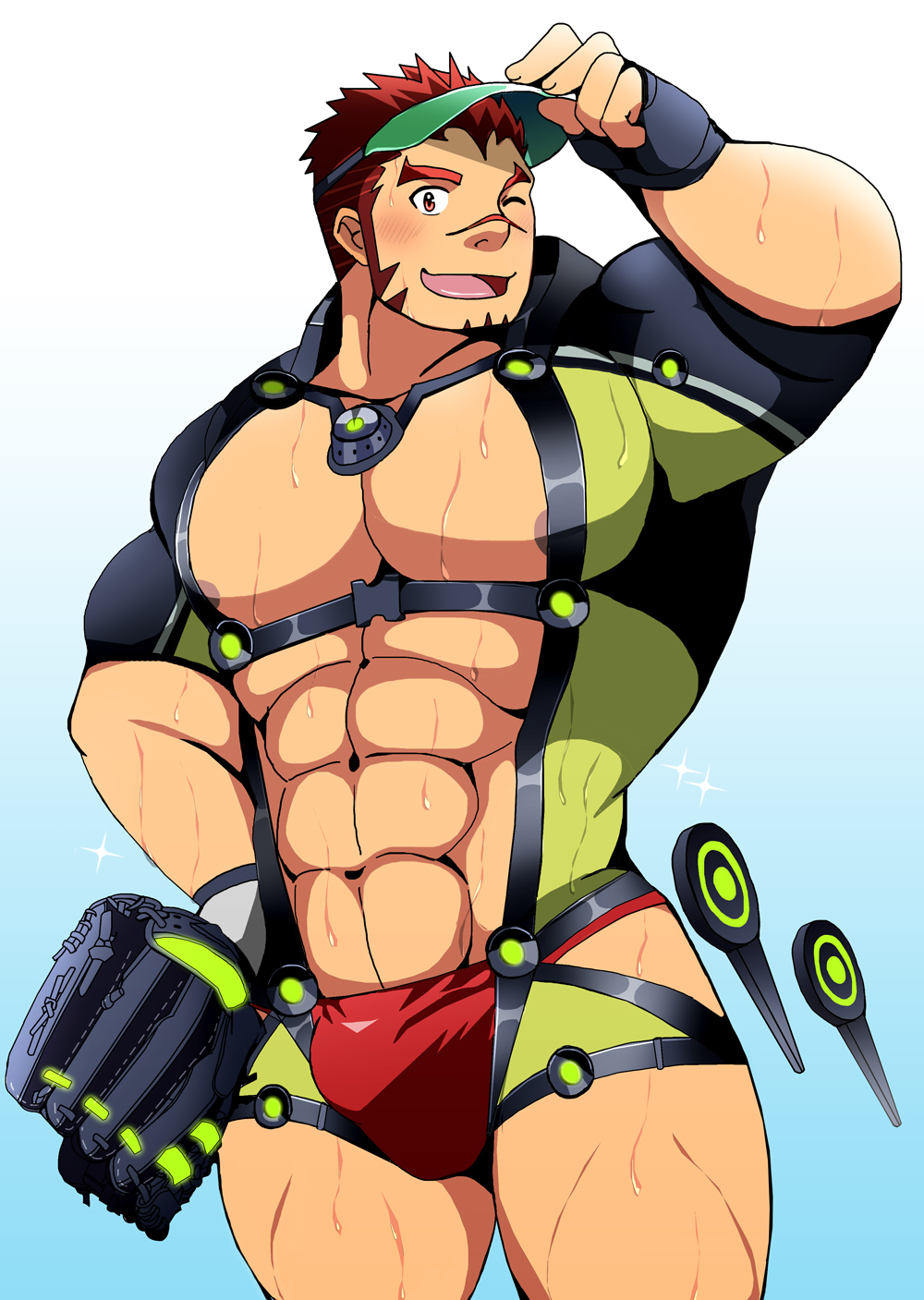 1boy, abs, adjusting_clothes, adjusting_headwear, akashi_(live_a_hero), akashi_(water_bullet)_(live_a_hero), bara, bare_pectorals, baseball_glove, black_gloves, blush, bodysuit, bulge, facial_hair, fingerless_gloves, gloves, green_bodysuit, highres, large_pectorals, live_a_hero, long_sideburns, male_focus, male_swimwear, mouhu_(bearlovestiger13), muscular, muscular_male, navel, nipples, official_alternate_costume, one_eye_closed, open_mouth, pectorals, red_hair, red_male_swimwear, scar, scar_on_face, scar_on_nose, short_hair, sideburns, smile, solo, swim_briefs, thighs, visor_cap, wet