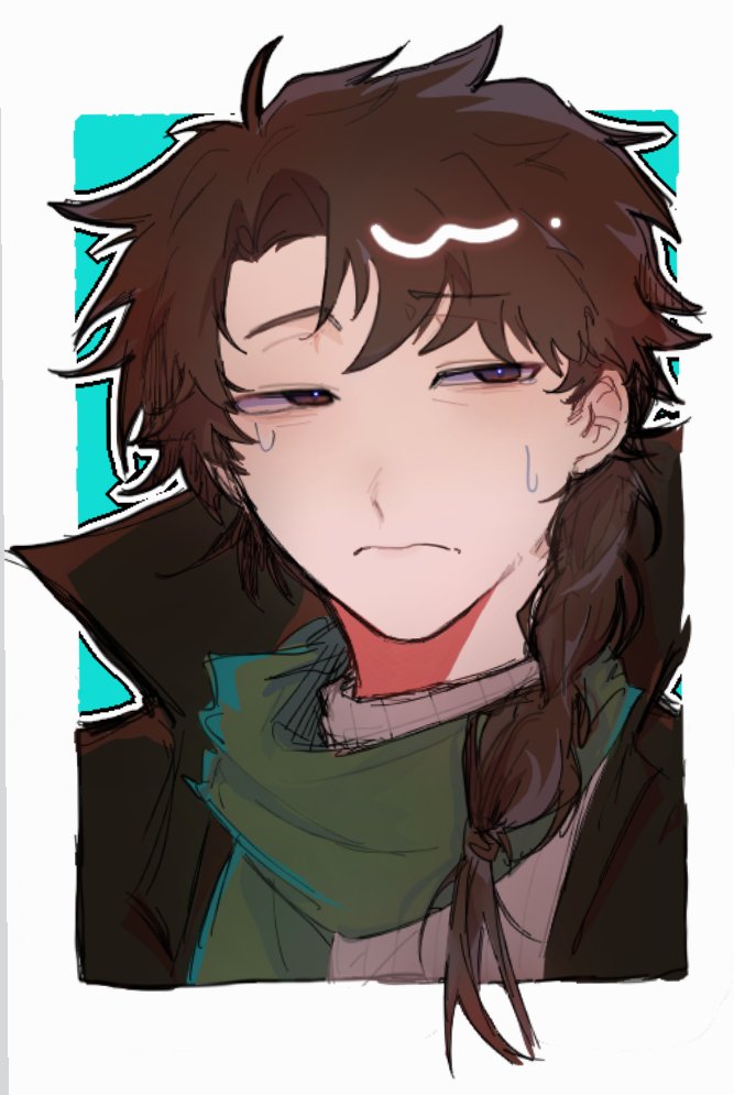 1boy, black_jacket, braid, brown_eyes, brown_hair, green_scarf, grey_sweater, harada_minoru, jacket, male_focus, miu_(yuanfu), multicolored_background, open_clothes, open_jacket, portrait, saibou_shinkyoku, scarf, solo, sweater, turtleneck, turtleneck_sweater, two-tone_background, upper_body