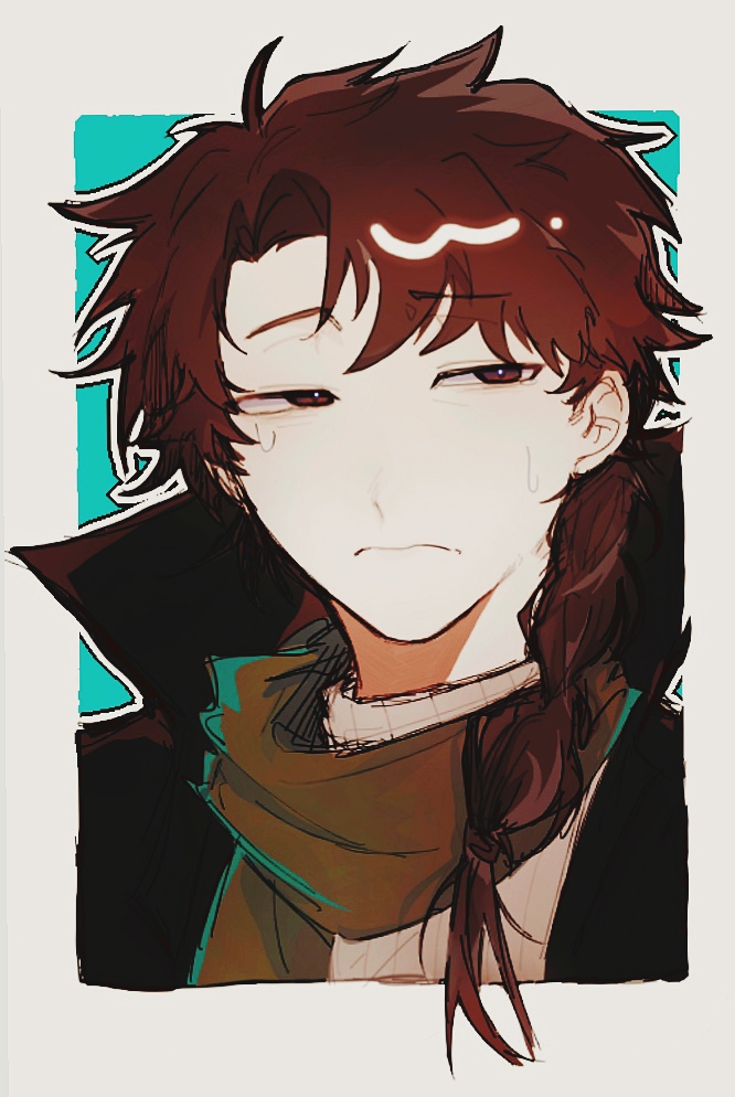 1boy, black_jacket, braid, brown_eyes, brown_hair, chinese_commentary, commentary_request, green_scarf, harada_minoru, jacket, male_focus, miu_(yuanfu), multicolored_background, open_clothes, open_jacket, portrait, saibou_shinkyoku, scarf, solo, sweater, turtleneck, turtleneck_sweater, two-tone_background, upper_body, white_sweater